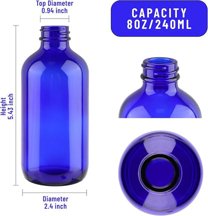 12 Pack 8 oz Cobalt Blue Glass Bottles, 240ml Boston Round Sample Bottles with Black Poly Cone Caps, Labels and Funnels