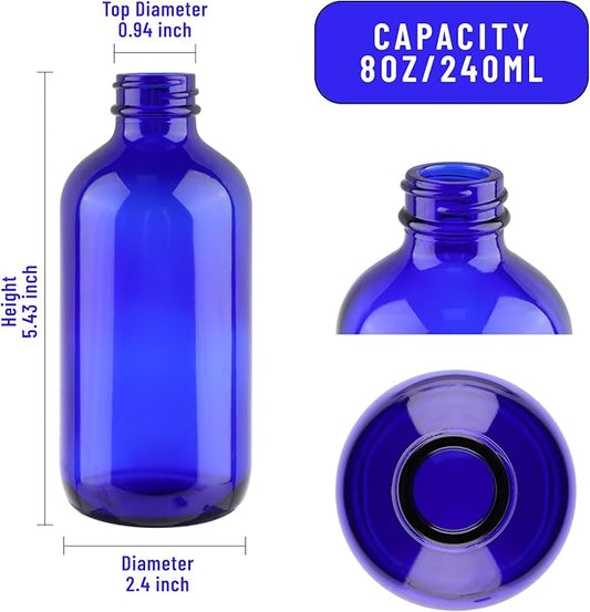 12 Pack 8 oz Cobalt Blue Glass Bottles, 240ml Boston Round Sample Bottles with Black Poly Cone Caps, Labels and Funnels