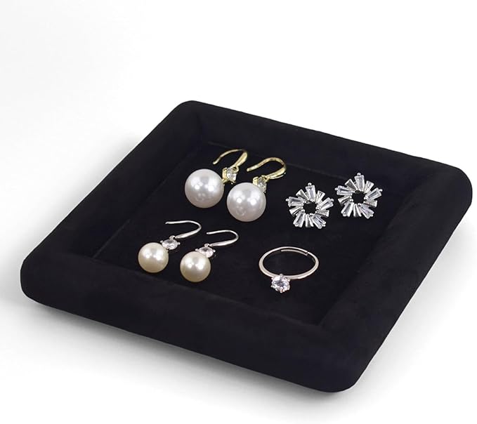 Black Velvet Jewelry Display Tray, Luxury Velvet Ring Holder Showcase for Necklaces Earrings, Jewelry Store Display and Ecommerce Photography Prop, 4.72x4.72 Inches (Black)