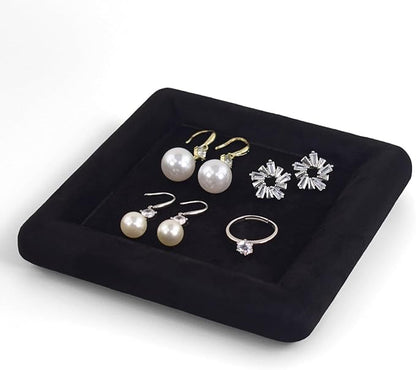 Black Velvet Jewelry Display Tray, Luxury Velvet Ring Holder Showcase for Necklaces Earrings, Jewelry Store Display and Ecommerce Photography Prop, 4.72x4.72 Inches (Black)