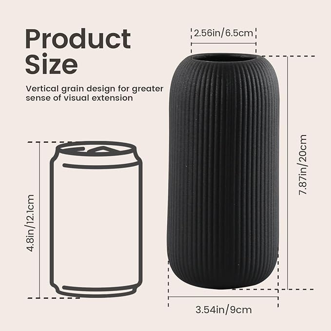 Bohemian Black Ceramic Vase - for Pampas Grass, Mantel, Bookshelf, Entryway and Living Room Decor (Black, 8in-Pill)