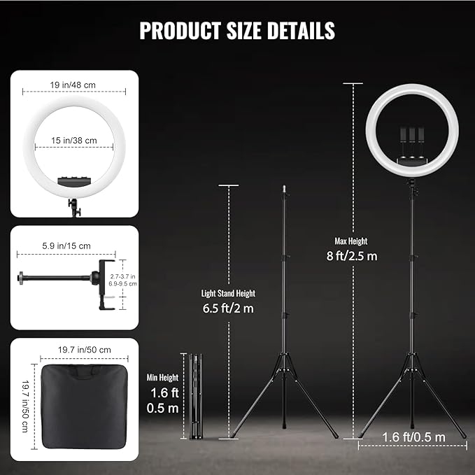 Large Ring Light with Stand, 19" Ring Light Tripod for iPhone, Professional Led Ringlight for Live Streaming, Barber, Makeup, YouTube, Tiktok, White