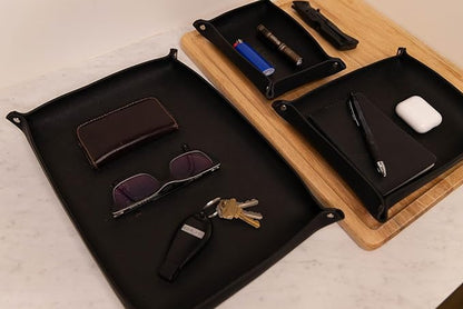 Valet Tray – Full-Grain Leather Catchall Organizer for Keys, Phone & Wallet – Rustic Nightstand & Desk Tray with Raised Sides – Handmade in USA (Black, Small Rectangle)