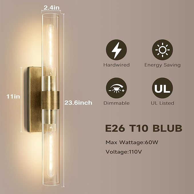 Wall Sconces, 22.8" Gold Bathroom Sconces Wall Lighting with Clear Glass, Modern Sconces Wall Decor Brass Light Fixtures for Bathroom Mirror Living Room Hallway Bedroom