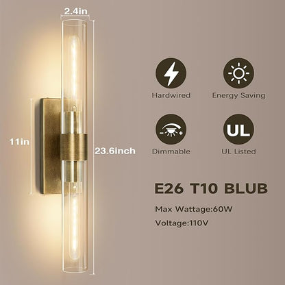 Wall Sconces, 22.8" Gold Bathroom Sconces Wall Lighting with Clear Glass, Modern Sconces Wall Decor Brass Light Fixtures for Bathroom Mirror Living Room Hallway Bedroom