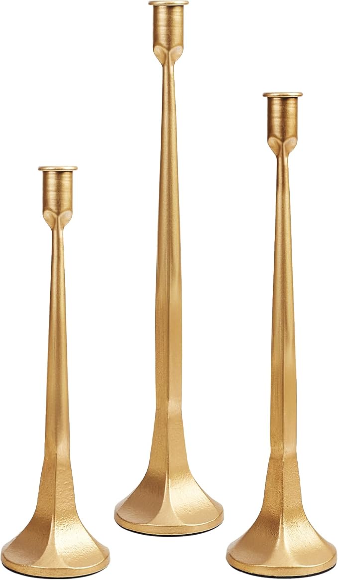 Iron Taper Candle Holder Set of 3 15.5" 14" 12" Decorative Modern Vintage Metal Tall Candlestick Holders for Wedding, Dinning Table,Mantle, Party Decoration（3, Antique Brass）