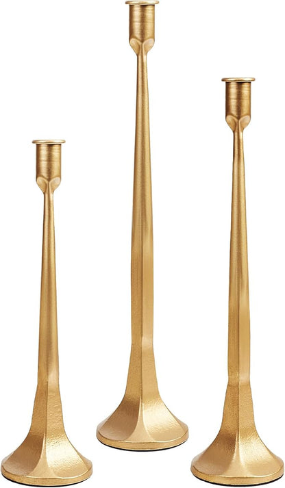 Iron Taper Candle Holder Set of 3 15.5" 14" 12" Decorative Modern Vintage Metal Tall Candlestick Holders for Wedding, Dinning Table,Mantle, Party Decoration（3, Antique Brass）