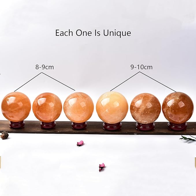JIC Gem Stripe Orange Calcite Sphere Ball 3.5inch with Wood Stand for Fengshui Healing and Decoration