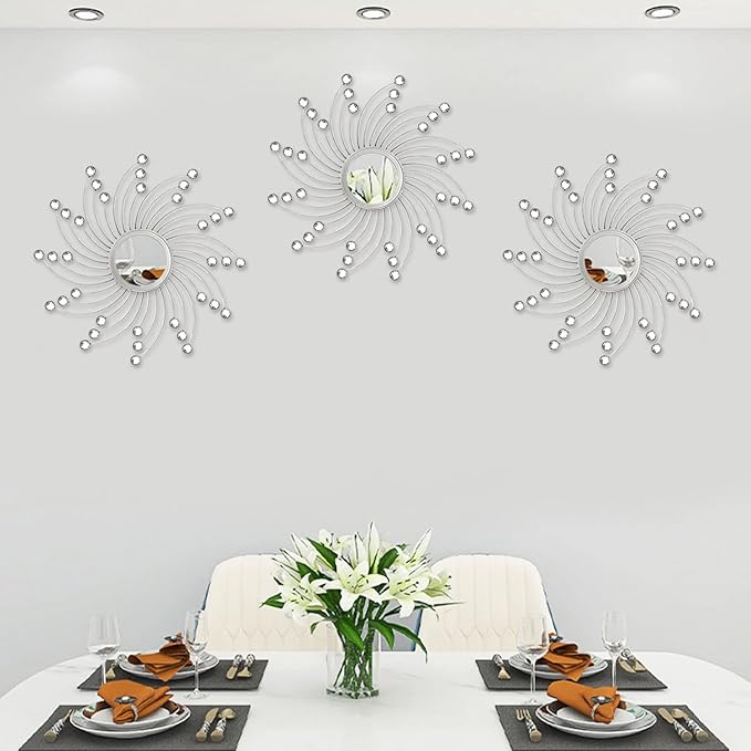 Uaussi 3 Pack Crystal Sunburst Wall Mirror Décor Rhinestone Mirrors Decorative Home Wall Art for Living Room Bedroom Entryway(Curle Burst Silver)