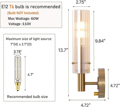 Modern Wall Sconces with Striped Amber Glass Shades Gold Brushed Brass Bathroom Vanity Light Fixtures Dimmer ON/Off Switch Indoor Wall Light for Mirror Living Room Bedroom Hallway Staircase
