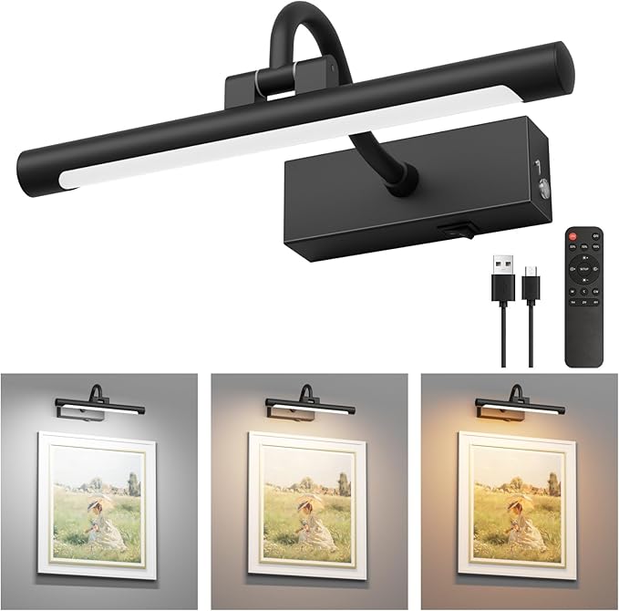 Aipsun 11.8" Picture Lights for Wall Rechargeable,10000mAh Battery Operated Art Light for Paintings,3CCT Dimmable, Rotatable Gallery Light for Pictures Display(Black)
