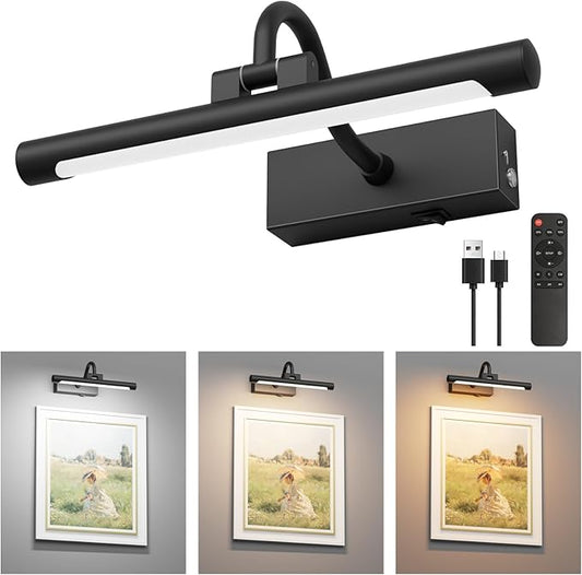 Aipsun 11.8" Picture Lights for Wall Rechargeable,10000mAh Battery Operated Art Light for Paintings,3CCT Dimmable, Rotatable Gallery Light for Pictures Display(Black)