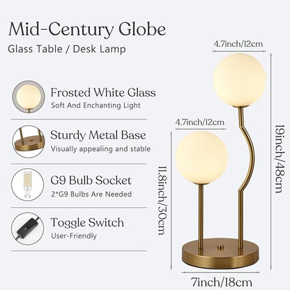 Mid Century Gold Globe Table Lamp 2-Light Orb Modern Beside Desk Table Light with Milk White Glass Shade Metal Base Nightstand Lamp for Bedroom Bedside