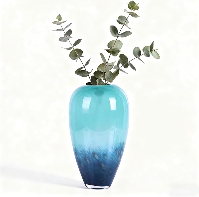 Teal Glass Vase – 11" Hand Blown Glass Vase for Teal Home Decor Accents, Wide Mouth Turquoise Vases Home Decor for Centerpieces, Dining Table, Bookshelf, Bathroom or Living Room Display