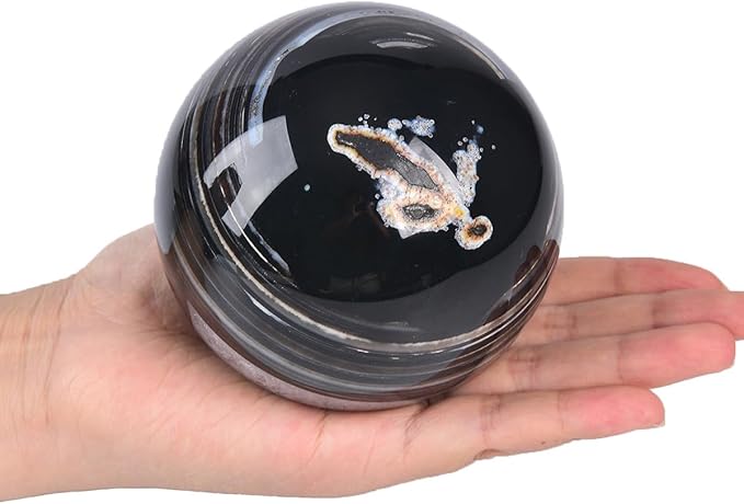 JIC Gem Black Onyx Agate Large Crystal Ball 3.5-4 inch(90-100mm) Round Healing Crystals Decorative Sphere with Wooden Stand Meditation Witchcraft Home Decor