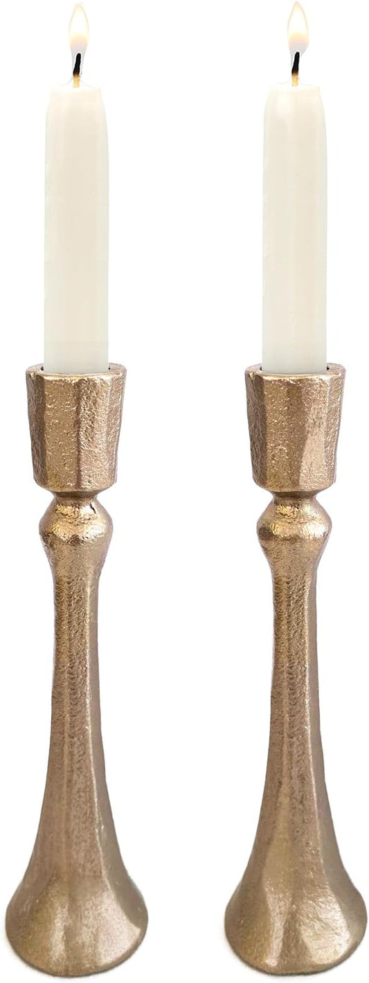 Yair Emanuel Tapered Shabbat Candle Holders Pair – Rustic Sculpted Design in Brass or Silver Finish Judaica Gift for Weddings, Shabbat and Holidays (Ancient Brass, 7.1 Inch)