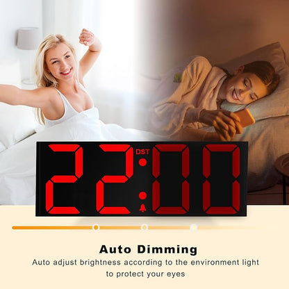 JALL 22'' Large Digital Wall Clock, Big LED Number Dispaly, DST, Night Light for Classroom, Living Room, Bedroom, Mounted, Birthday Xmas Gift for Senior, Mem Womem Mom Dad, Red