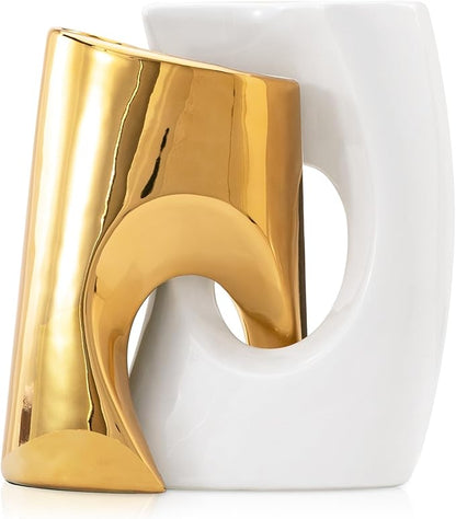 Gold and White Vases Set of 2, Ceramic Flower vase for Pampas Grass, Modern Gold Vases Home Decor, Nordic Snuggle Hollow Boho vase Table Centerpieces