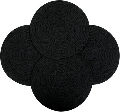 4 Pack Round Woven Placemats,13.8 inch Plate Chargers Black Thick Place Mats Cotton Rope Braided Tablemats Rattan Tablemats Black Weave Placemats for Dining Table