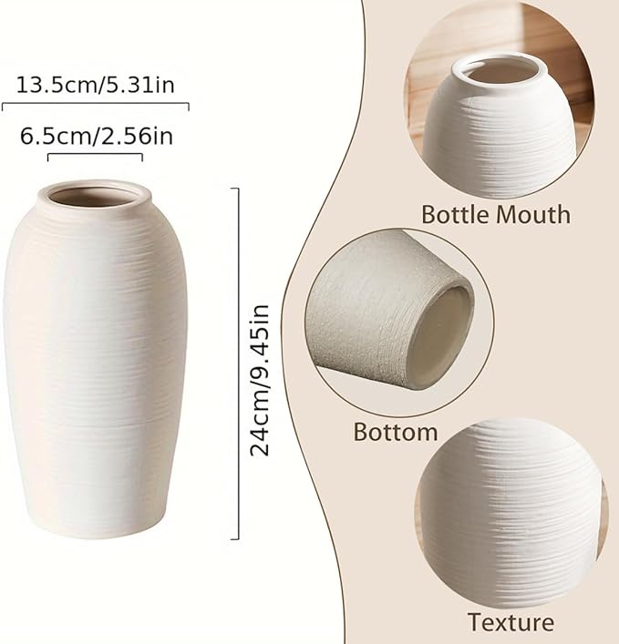 Rustic Ceramic Vase, Simple Flower Vase for Home Decoration, 9.45 Inches, One Piece for Living Room, Office Wedding, Hotel Decor.
