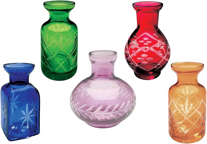 Art & Artifact Mini Vases for Flowers - Small Glass Vases, Clear 5 Set Single Bud Vases for Room Decor - Jewel Tones