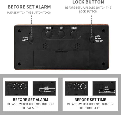 everwood Wooden Large Digital Alarm Clocks for Bedrooms with Large Number Display LCD Snooze Function, Battery Backup Operated