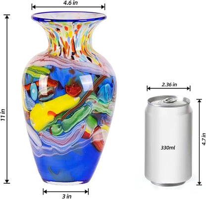 Glass Vases for Flower, Unique Hand Blown Blue Glass Vase, Modern Art Decorative for Home Living Room, Office, Table centerpieces, Bookshelves and Wedding Decorations (JG29)