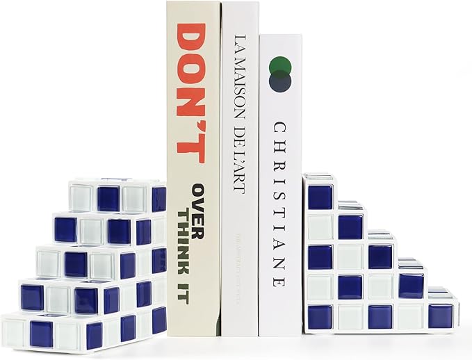 Decorative Bookends for Shelves - Stair Book Ends for Heavy Books - Unique Book Stopper & Holder for Shelves - Modern Home Decor Aesthetic Bookshelf Decor (Blue & White)