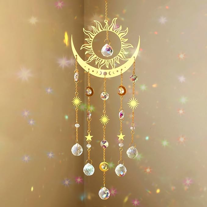 Artilady Sun and Moon Suncatcher - Large Crystal Wind Chimes for Outside Stained Glass Window Hanging Prisms Garden Backyard Ceiling Room Decor Christmas Housewarming Birthday Gift for Girls