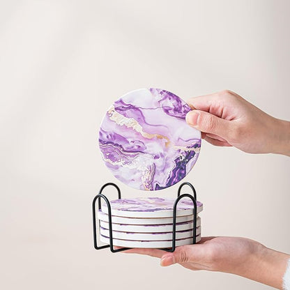 Ceramic Drink Coasters Set of 6 with Holder, Modern Marble Absorbent Ceramic Coasters, Round Ceramic Table Coasters for Home Decor Coffee Kitchen (4 Inches), Purple