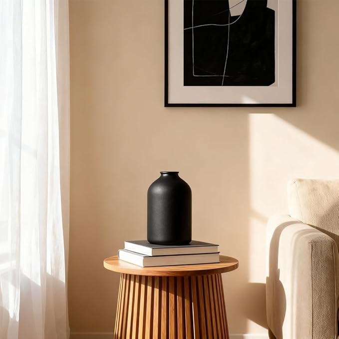 Large Black Ceramic Vase – Modern Matte Flower Vase for Table, Shelf, Mantel, Bathroom, Coffee Table, Centerpieces – Wabi Sabi Home Decor, Minimalist Decorative Accent for Living Room, Office, Dining