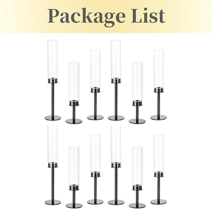 Hewory Black Candlestick Holders Hurricane Candle Holder, 12Pcs Candle Stick Candle Holder Candelabra, Taper Candle Holders with Glass Candle Cover for Wedding Table Centerpiece Christmas Decor