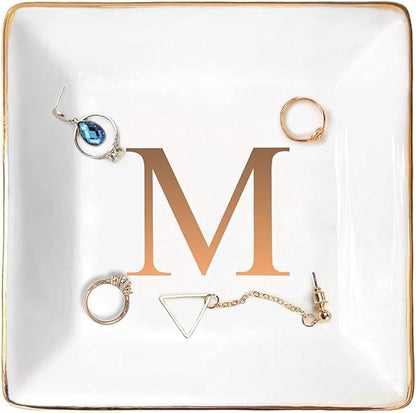ANOTION Jewelry Tray Ring Dish with Ini-tial Gift- Personalized Trinket Dish and Jewelry Dish with Gold Initials Key Bowl Ceramic Holder, Unique Wedding or Engagement Present
