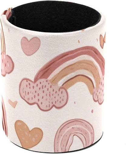 Pen Holder for Desk, Cute Hearts and Rainbows in Pastel Pink and Beige Tones Round Leather Stand Pencil Cup Office Desk Organizer for Women Men Teachers, 3.9 x 3.9 x 3.1 inches