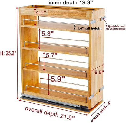 4 Tier Pull Out Spice Rack Holder Shelves (6.5" W x 22" D), spice organization for cabinet Storage Organization, pull out spice racks for inside cabinets