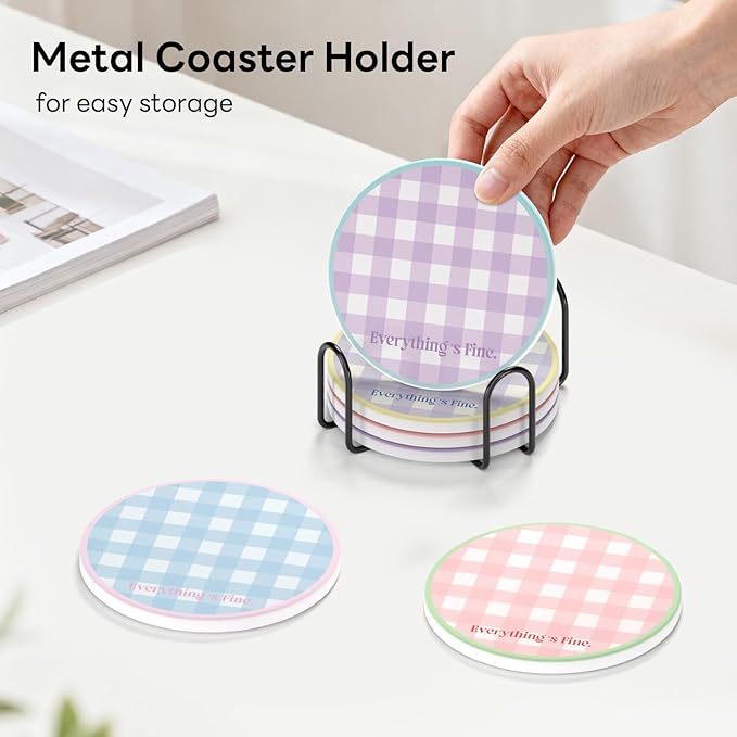 6-Piece Ceramic Coaster Set with Tray Diameter: 3.94 in Thickened Absorbent Material Heat-Resistant and Water-Absorbent Coaster Set Suitable for All Types of Cups， Checkered