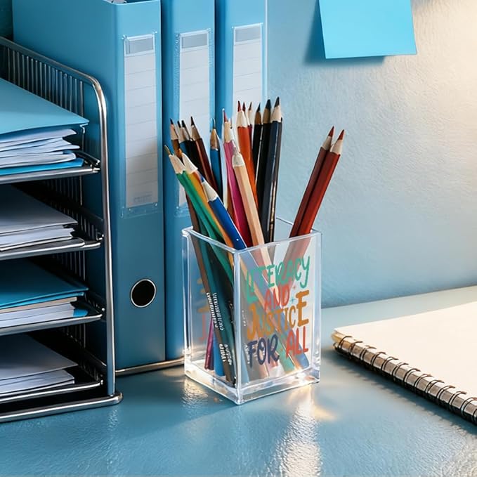 Literacy And Justice For All Acrylic Makeup Brush Pencil Holder Cup, Social Justice Gifts for Women Sister Friend Coworker, Stop Book Banning Protect Librarian, Pen Holder for Desk Accessories