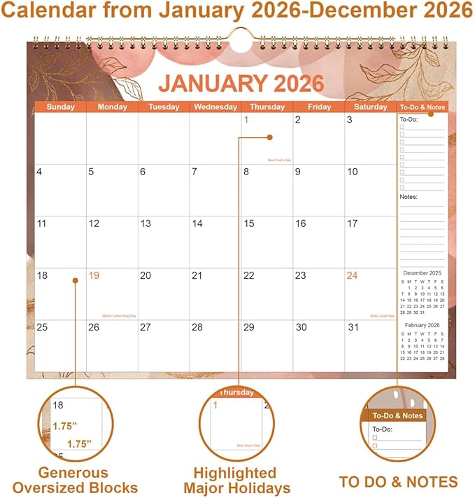 2026 Calendar - Calendar 2026 12 Month Planner from January 2026 to December 2026, Monthly Planner 2026 with Thick Paper, 11" x 14.5", Gold Leaf