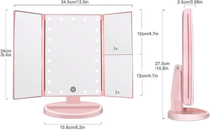 Tri-fold Lighted Vanity Makeup Mirror with 3x/2x Magnification,21 LED Lights and Touch Screen,180 Degrees Free Rotation Countertop Cosmetic Mirror,Travel(Pink)