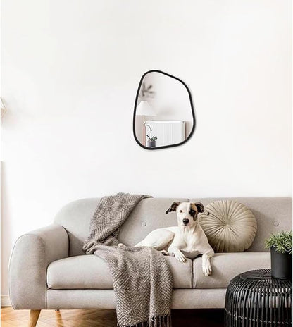 Irregular Wall Mirror Asymmetrical White Mirror Modern Wood Frame Unique Shape Wall Mounted Vanity Artistic Mirror Decor for Living Room Bedroom Bathroom Entryway Hallway 14"x10"