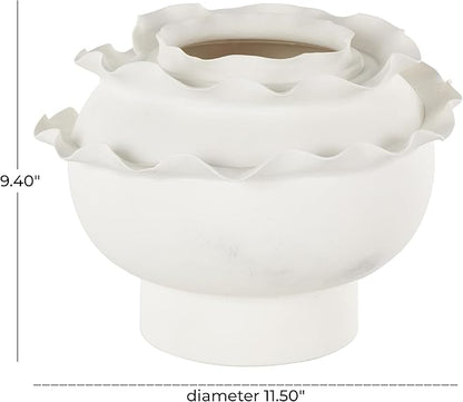 Deco 79 Ceramic Abstract Wide Rounded Floral Inspired Vase with Layered Petals, 12" x 12" x 9", White
