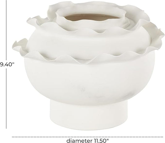 Deco 79 Ceramic Abstract Wide Rounded Floral Inspired Vase with Layered Petals, 12" x 12" x 9", White
