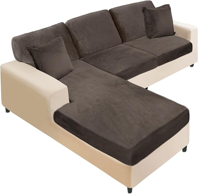NAISI Sectional Couch Covers 6 Pieces Velvet Couch Cushion Covers L Shape Soft Stretch Sofa Slipcovers with 2pcs Pillowcases for Left/Right Chaise Sectional Couch(2 Seater+1 Chaise+3 Back,Brown)