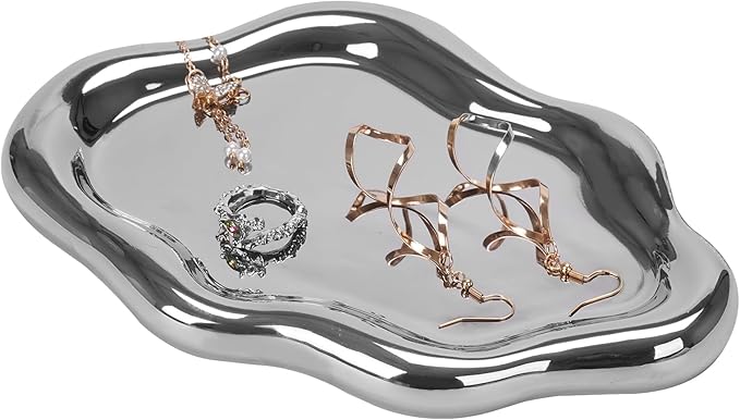 Ceramic Jewelry Tray Dish for Ring Key Trinket, Cute Cloud Shape Decorative Jewelry Plate Holder Room Decor Aesthetic Gift (Silver)