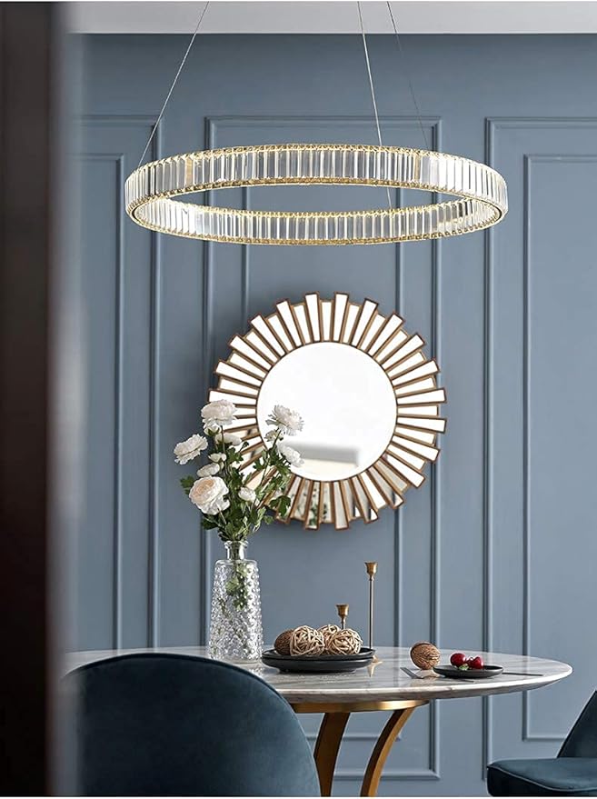 Modern Crystal Chandelier Dimmable Gold Ring Pendant Light with Remote 24" Round Crystal Chandeliers for Living Room Dining Room Bedroom