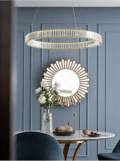 Modern Crystal Chandelier Dimmable Gold Ring Pendant Light with Remote 24" Round Crystal Chandeliers for Living Room Dining Room Bedroom