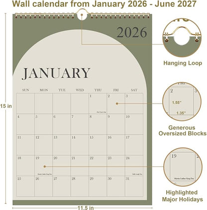 Wall Calendar 2026-18 Months Calendar 2026-2027 from January 2026 - June 2027, 2026 Wall Hanging Calendar Planner with Thick Paper, 12" x 14.5", Cyan