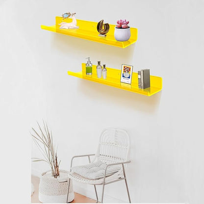 ROYALITA 24 Inches Acrylic Floating Book Shelves Wall Mounted Set of 2, Wall Hanging Plant Display Shelves, Room Decor Floating Wall Shelves for Gaming Room, Bedroom, Living Room, Office, Yellow