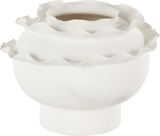 Deco 79 Ceramic Abstract Wide Rounded Floral Inspired Vase with Layered Petals, 12" x 12" x 9", White