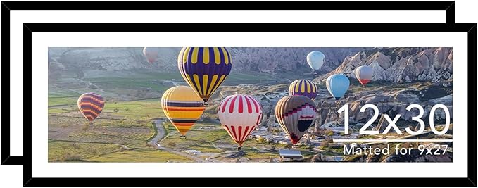 12x30 Picture Frame with 9x27 Mat Set of 2, Display Photo 9x27 with Mat or 12 x 30 Without Mat, Wall Hanging Large 12 by 30 Poster Frame with Plexiglass, 2 Pack, Black
